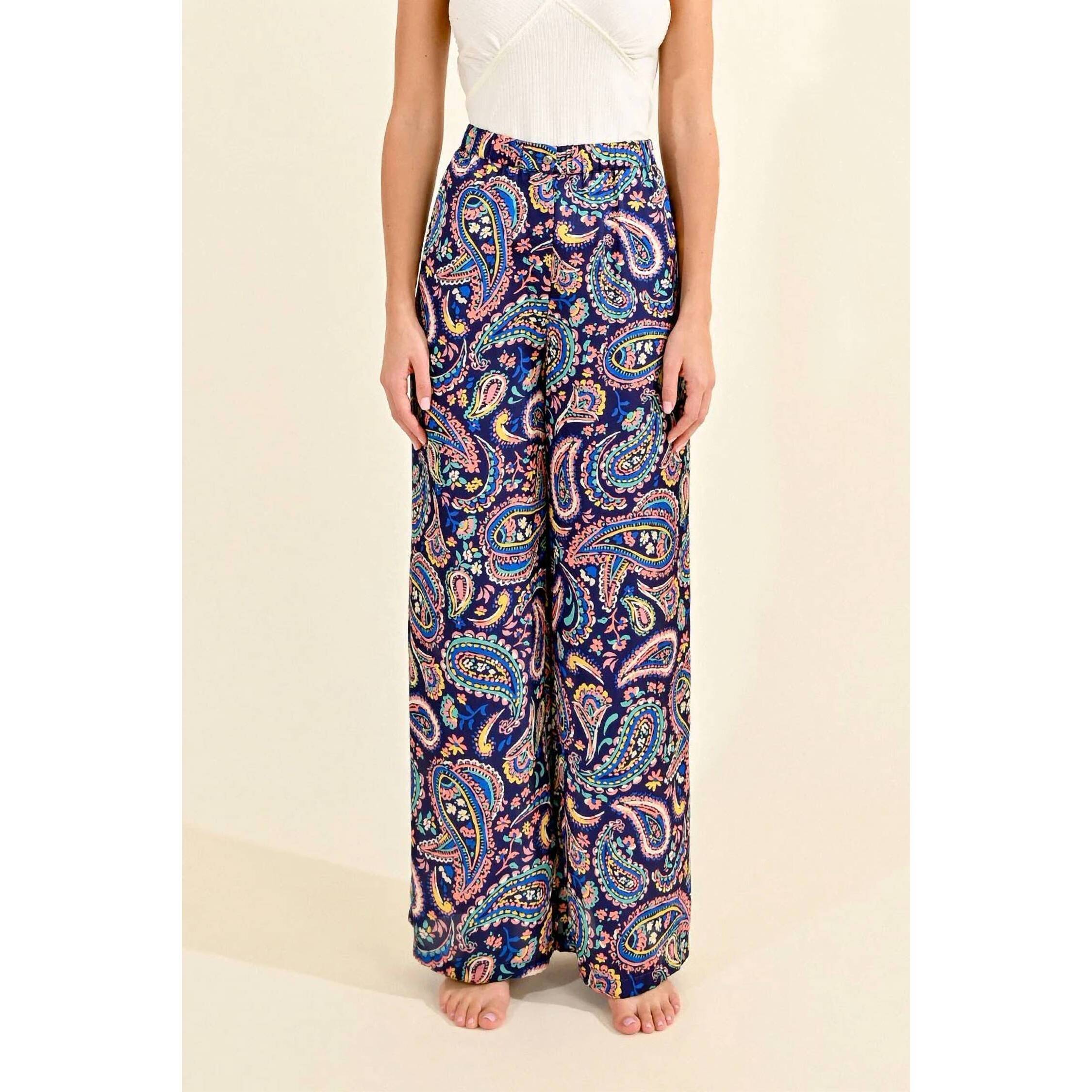 New Molly Bracken Wide Leg Paisley Pants In Navy Sasha